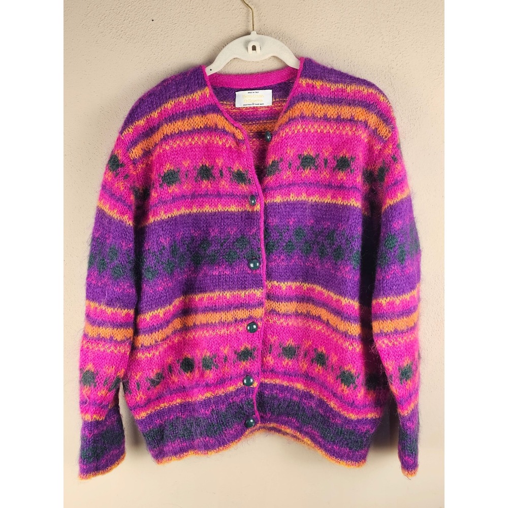 United Colors Of Benetton Pink Purple Yellow Patterned Mohair Cardigan